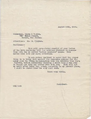 Letters Sent to Josiah Stryker, August 28, 1926