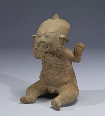 Seated Nude Male Smiling Figure with Upraised Arms