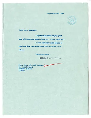 Letter from President Harry S. Truman to Mary McLeod Bethune