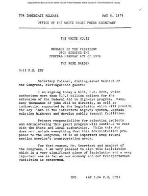 Remarks of the President upon Signing the Federal Highway Act of 1976, the Rose Garden [Ford Speech or Statement]