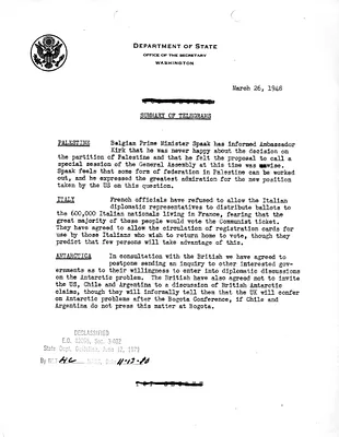 Memorandum, State Department Summary of Telegrams
