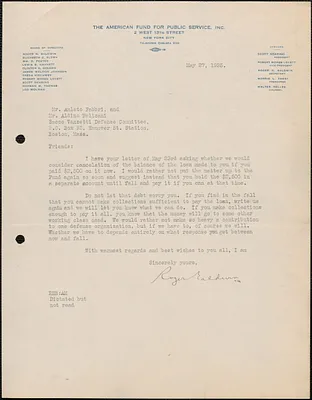 Roger N. Baldwin (The American Fund For Public Service, Inc.) typed letter signed to Amleto Fabbri and Aldino Felicani (Sacco-Vanzetti Defense Committee), New York, N. Y., May 27, 1925