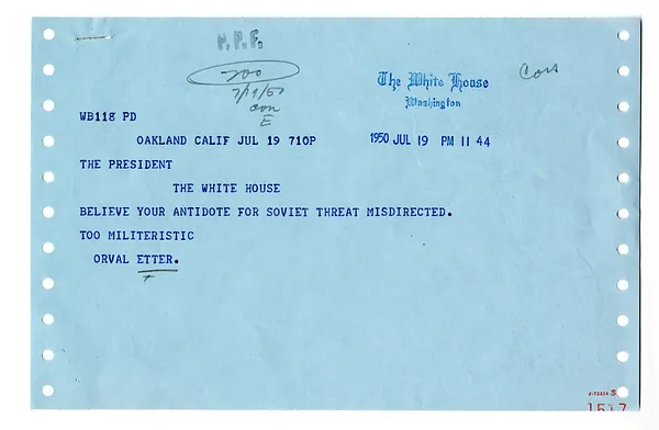 Telegram from Orval Etter to President Harry S. Truman
