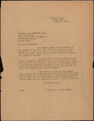 Former H. & J. Shoe Striker typed letter (copy) to Benjamin Hallit (Local # 15 and 73, United Shoe Workers of America) typed letter (copy), Boston, Mass., August 22, 1921