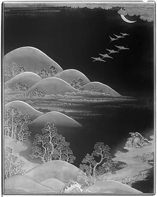 Box for documents/ ryoshi-bako; Seven flying wild geese in landscape