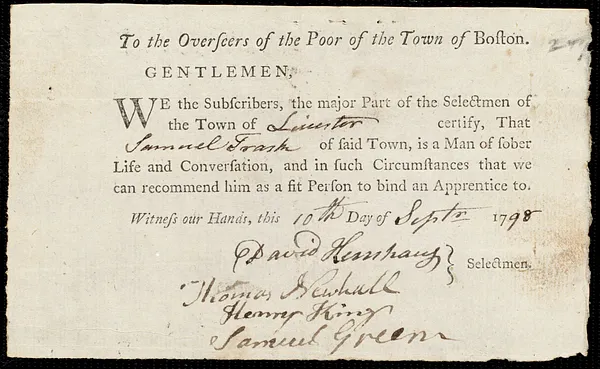 James Roberts indentured to apprentice with Samuel Trask of Leicester, 6 June 1798