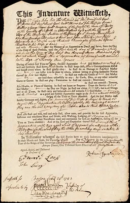 John Slowly indentured to apprentice with Richard Barrington of Boston, 28 February 1743