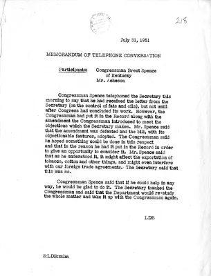 Memorandum of Telephone Conversation with Secretary of State Dean Acheson and Congressman Brent Spence