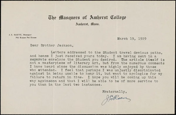J. E. Reeve (The Maskers of Amherst College) typed note signed to [Gardner] Jackson, Amherst, Mass., March 19, 1929
