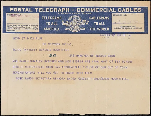 Rose Baron (Sacco-Vanzetti Emergency Committee, New York) telegram to Sacco-Vanzetti Defense Committee, New York, N.Y., August 10, 1927