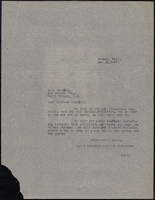 Sacco-Vanzetti Defense Committee typed letter (copy) to A. P. Gunther, Boston, Mass., May 10, 1927