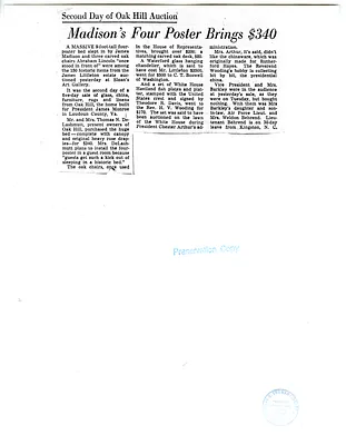 Newspaper Article re Sale of James Madison's Four Poster Bed