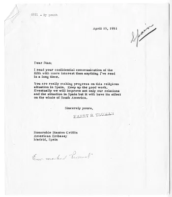 Correspondence Between President Harry S. Truman and Ambassador Stanton Griffis, with Attachment
