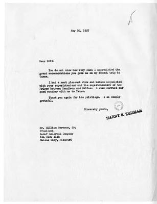 Letter from Former President Harry S. Truman to William N. Deramus, Jr.