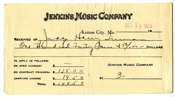 Receipt from Jenkins Music Company for Harry S. Truman