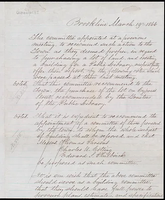 Minutes of committee meeting regarding construction of public library building, 3/19/1866