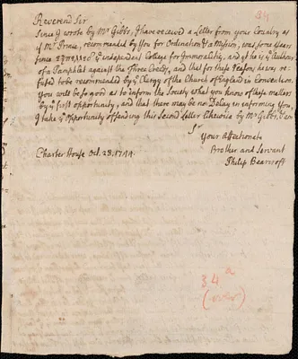 Letter from Philip Bearcroft, London, to an unknown recipient, 1744 October 28
