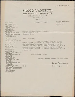 Rose Baron (Sacco-Vanzetti Emergency Committee) typed note signed to Sacco-Vanzetti Defense Committee, New York, N.Y., August 17, 1927