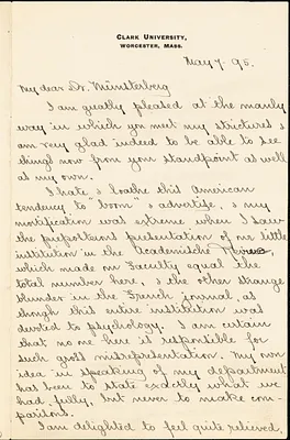 Hall, Granville Stanley, 1844-1924 manuscript letter signed to Hugo Münsterberg, Worcester, Mass., 7 May 1895