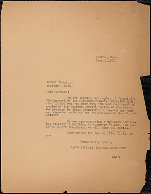 Sacco-Vanzetti Defense Committee typed letter (copy) to Joseph Thomas, Boston, Mass., June 4, 1927