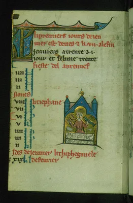 Leaf from Book of Hours: January Calendar, Janus-faced Man Dining