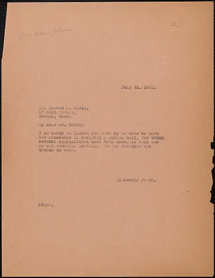 Aldino Felicani typed letter (copy) to Reuben L. Lurie, Boston, Mass., July 21, 1931