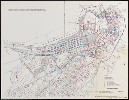 One way streets, metered block faces, parking restriction areas and signal locations within the Boston regional core