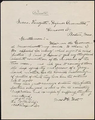 Mrs. F. G. West autograph letter signed to Sacco-Vanzetti Defense Committee, La Jolla, Calif., August 1, 1927