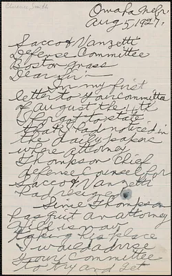Clarence Smith autograph letter signed to Sacco-Vanzetti Defense Committee, Omaha, Neb., August 5, 1927