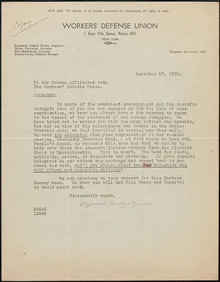 Elizabeth Gurley Flynn (Workers' Defense Union) typed letter signed (circular) to the Unions Affiliated with the Workers, Defense Union, New York, N. Y., December 17, 1920