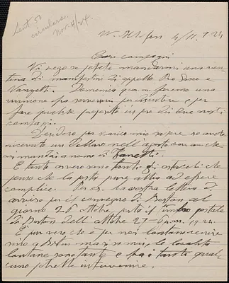 G. Baracchi autograph letter signed, in Italian, to Sacco-Vanzetti Defense Committee, Hoboken, N.J., November 4, 1924