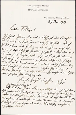 Francke, Kuno, 1855-1930 autograph letter signed to Hugo Münsterberg, Cambridge, Mass., 29 May 1906