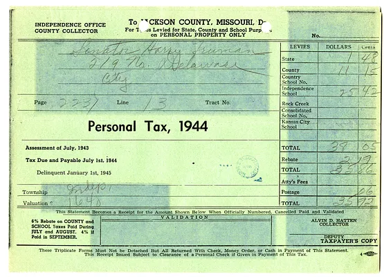 Jackson County, Missouri Personal Property Tax Receipt for Harry S. Truman