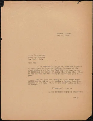 Sacco-Vanzetti Defense Committee typed letter (copy) to Louis Bernheimer, Boston, Mass., May 25, 1927