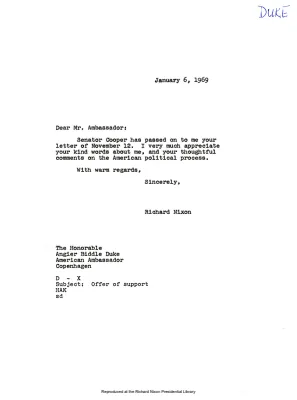 Ambassador Angier Biddle DUKE Letter