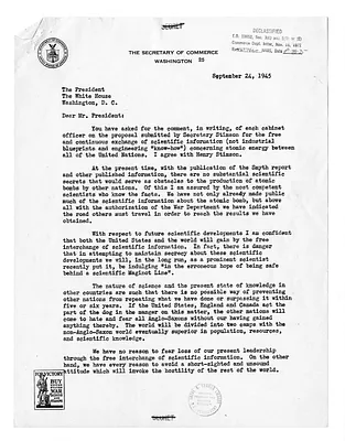 Letter from Secretary of Commerce Henry Wallace to President Harry S. Truman with Attachment