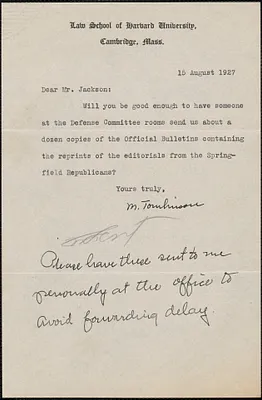 Marion Tomlinson typed note signed to Gardner Jackson, Cambridge, Mass., August 15, 1927