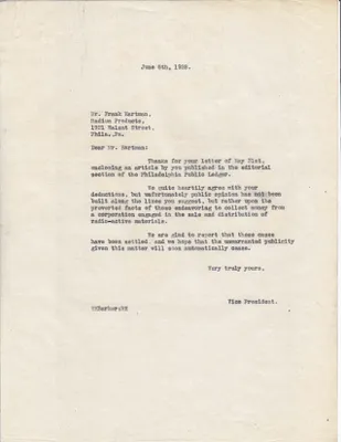 Letters Sent to Frank Hartman, June 5, 1928