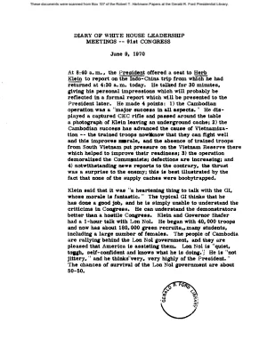 White House - Congressional Leadership Meeting, 6/9/70 (includes minutes)