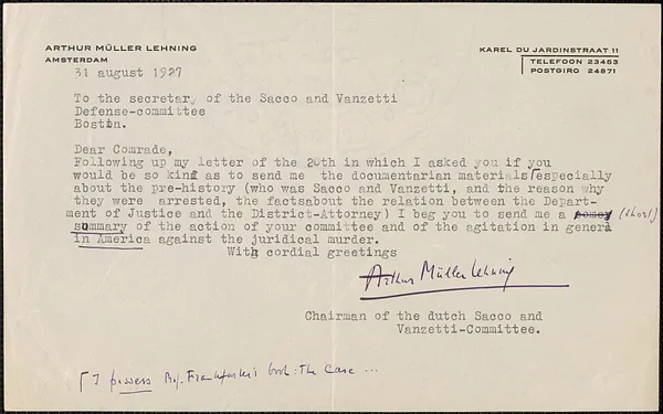 Arthur M. Lehning (Dutch Sacco-Vanzetti Committee) typed note signed to Joseph Moro, Secretary of the Sacco-Vanzetti Defense Committee, Amsterdam, Netherlands, August 31, 1927