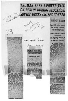 New York Times Newspaper Clipping, "Truman Bars 4-Power Talk on Berlin During Blockade; Soviet Urges Chiefs Confer"