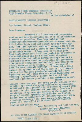 Lester Shulman (Socialist Youth Campaign Committee) typed letter to Sacco-Vanzetti Defense Committee, Brooklyn, N.Y., [August? 1927]