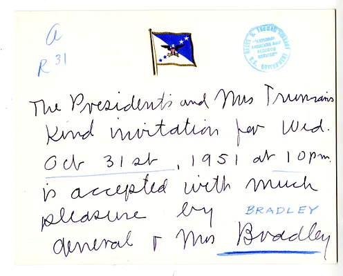 Invitation Reply from General and Mrs. Omar Bradley to the White House Social Office