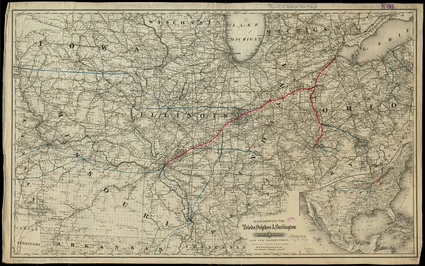 Maps showing the Toledo, Delphos & Burlington Railroad and its connections