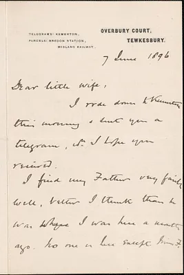 [John Biddulph Martin] autograph note signed to [Victoria Woodhull Martin], Tewkesbury, [England], June 7, 1896