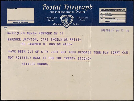 Heywood Broun telegram to Gardner Jackson, New York, N. Y., August 17, 1932