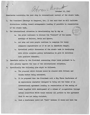 Memorandum Concerning the Next Step in International Control of the Atomic Bomb