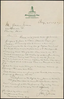 John J. Jansen autograph letter signed to Gardner Jackson, Rockport, Mass., August 25, 1927