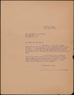 Sacco-Vanzetti Defense Committee typed letter (copy) to Albert H. Hamilton, Boston, Mass., December 20, 1924