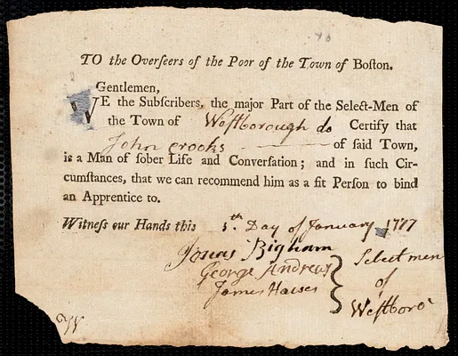 Thomas Flowers indentured to apprentice with John Crooks of Westborough, 2 January 1777